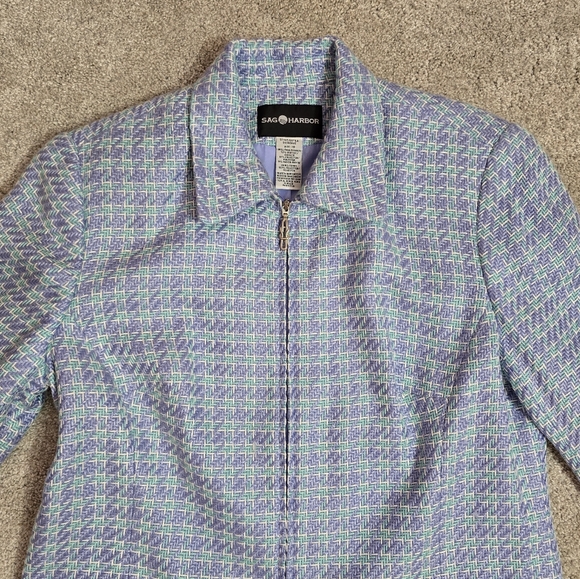 Sag Harbor Blue and White Herringbone Tweed Full Zip Blazer 10 Career - Picture 7 of 11